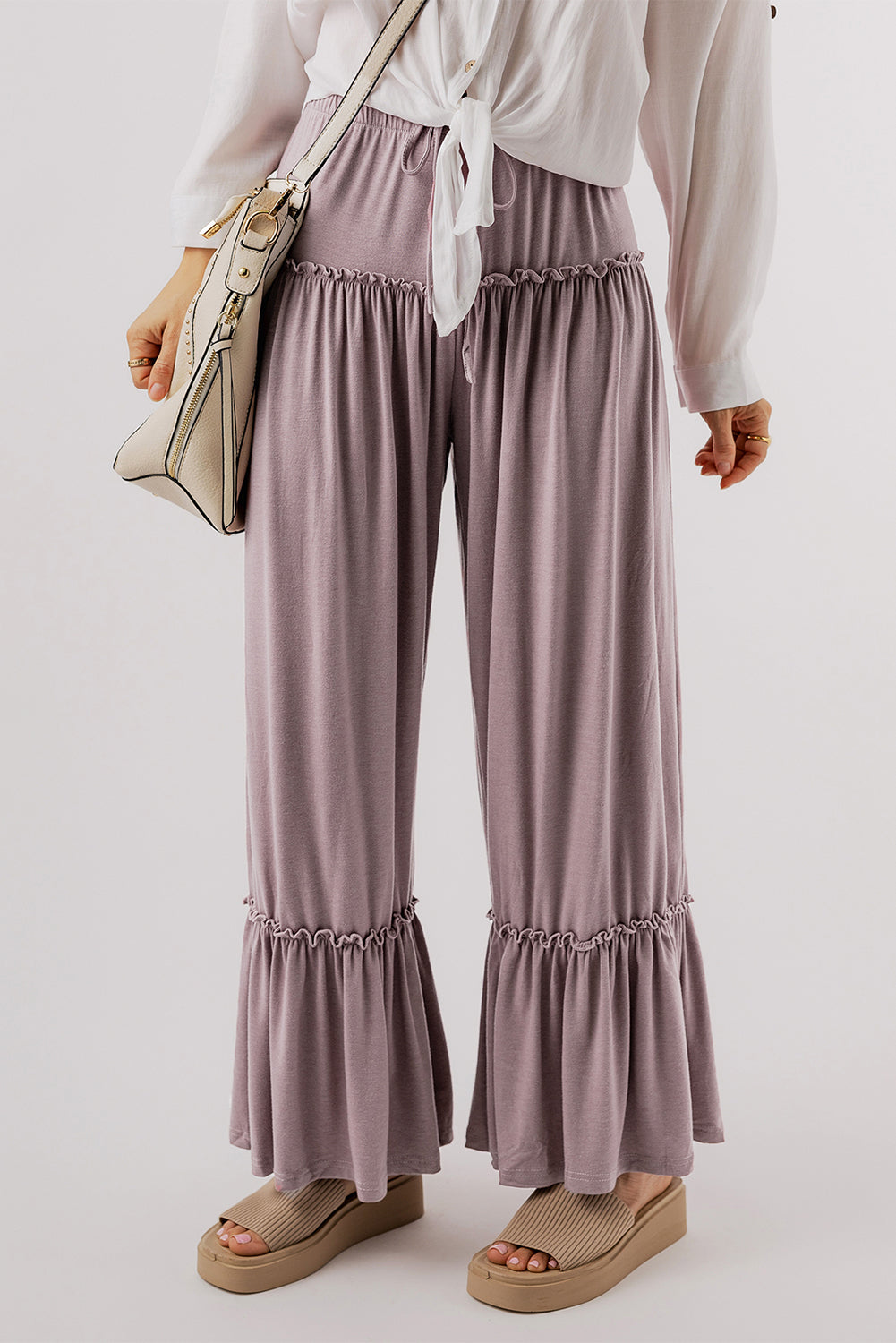 Khaki Frilled Drawstring High Waist Wide Leg Pants - SELFTRITSS   