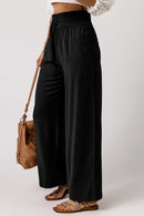 Black Drawstring Elastic Waist Casual Wide Leg Pants - SELFTRITSS   