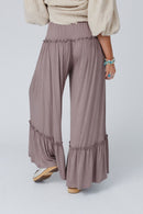 Khaki Frilled Drawstring High Waist Wide Leg Pants - SELFTRITSS   