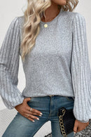 Gray Contrast Ribbed Bishop Sleeve Top - SELFTRITSS