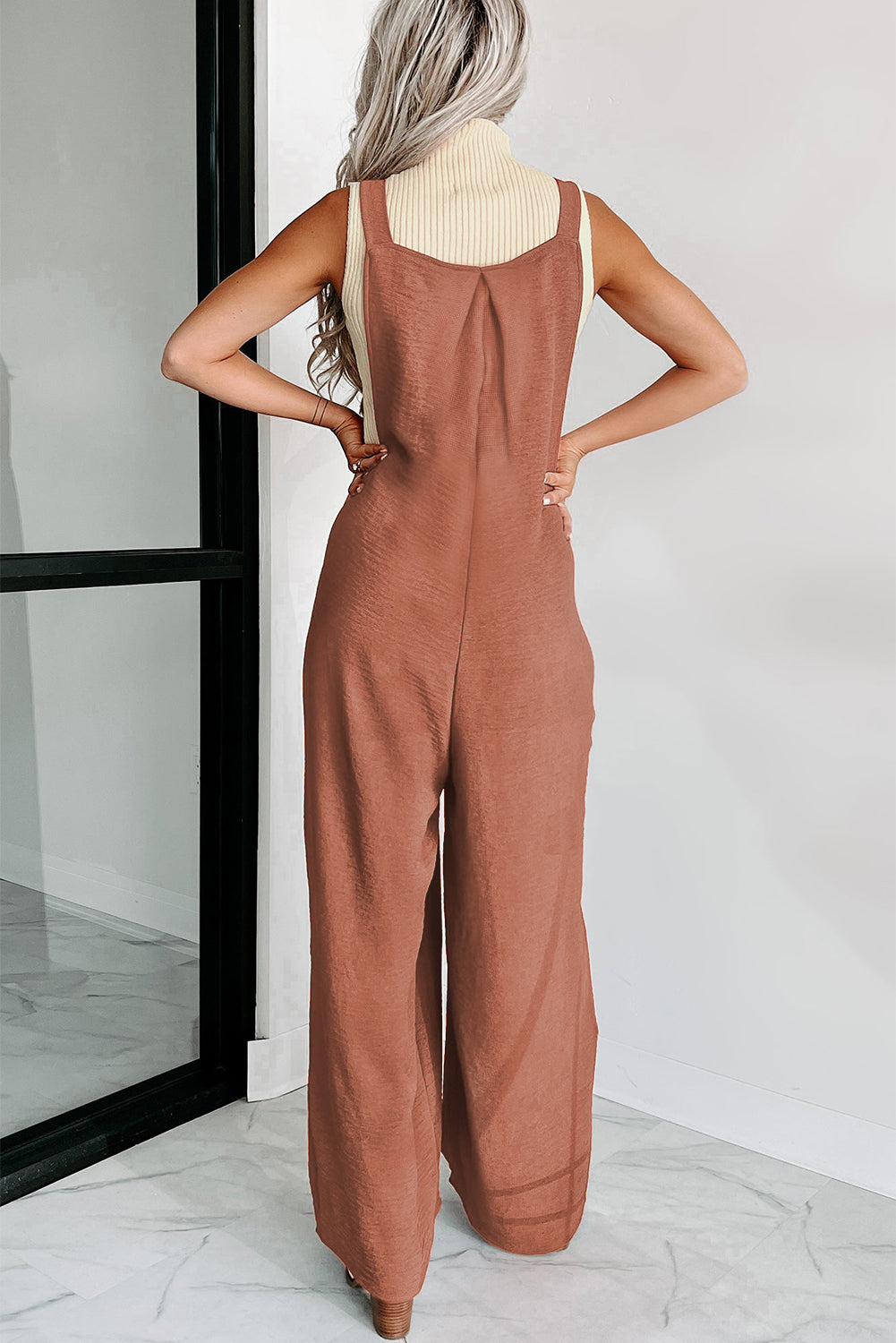 Gold Flame Textured Buttoned Straps Ruched Wide Leg Jumpsuit - SELFTRITSS   