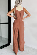 Gold Flame Textured Buttoned Straps Ruched Wide Leg Jumpsuit - SELFTRITSS   