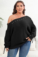 Plus Size One Shoulder Beaded Sweater - SELFTRITSS