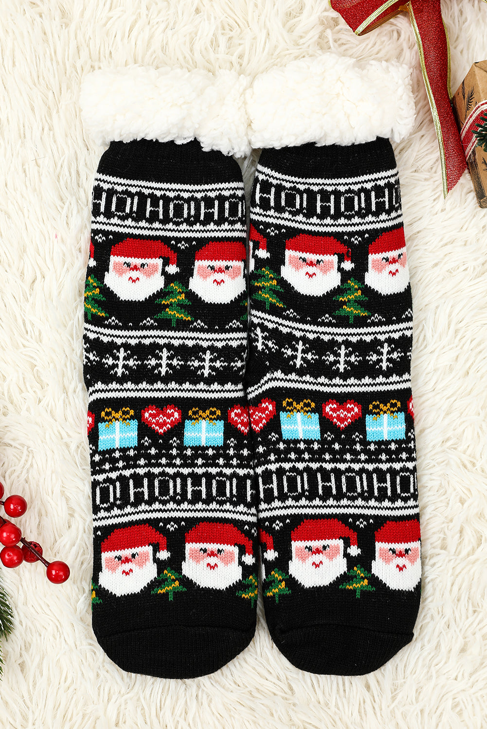 Black Cartoon Santa Claus Christmas Fleece Socks - SELFTRITSS