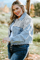 Blue Plus Size Leopard Ripped Cropped Denim Jacket - SELFTRITSS