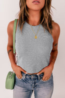 Gray Rib Knit Crew Neck Sleeveless Crop Top - SELFTRITSS