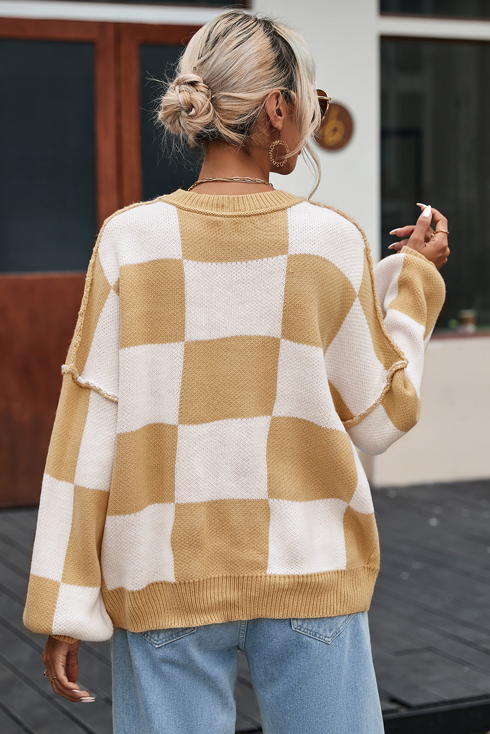 Khaki Checkered Bishop Sleeve Sweater - SELFTRITSS
