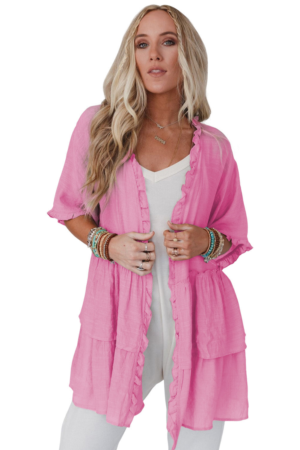 Pink Ruffled Trim Half Sleeve Open Front Kimono - SELFTRITSS