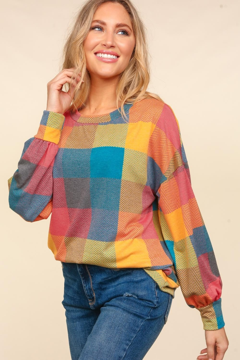 Haptics Round Neck Color Block Plaid Top - SELFTRITSS   