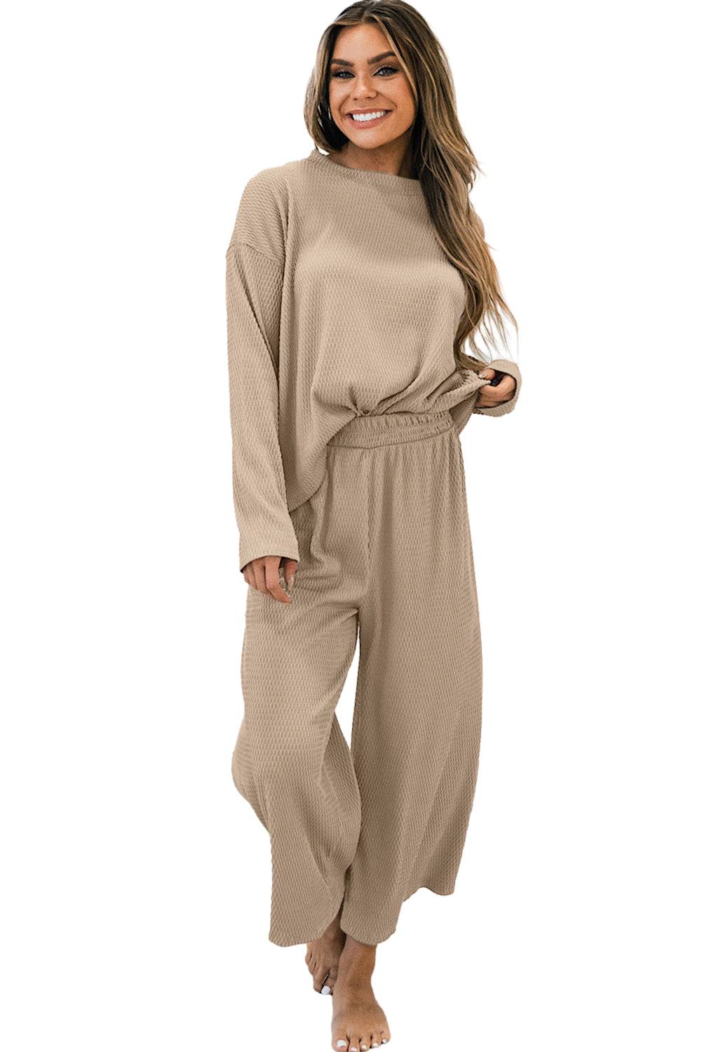 Smoke Gray Loose Textured Pullover and Pants Outfit - SELFTRITSS   