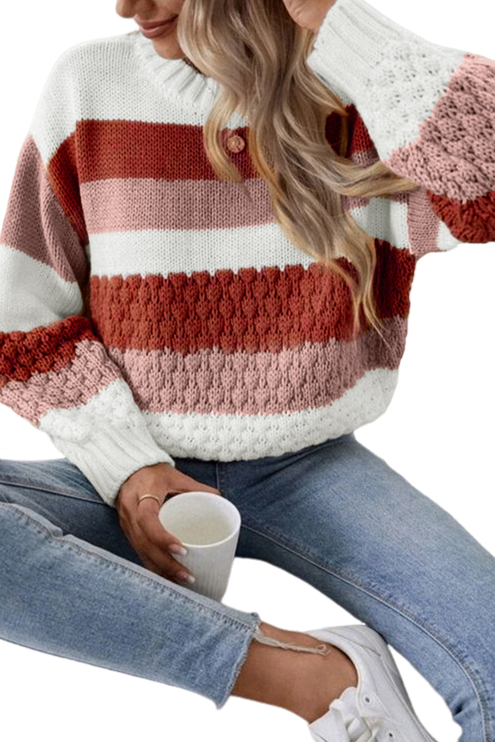 Red Stripe Cable Knit Drop Shoulder Sweater - SELFTRITSS