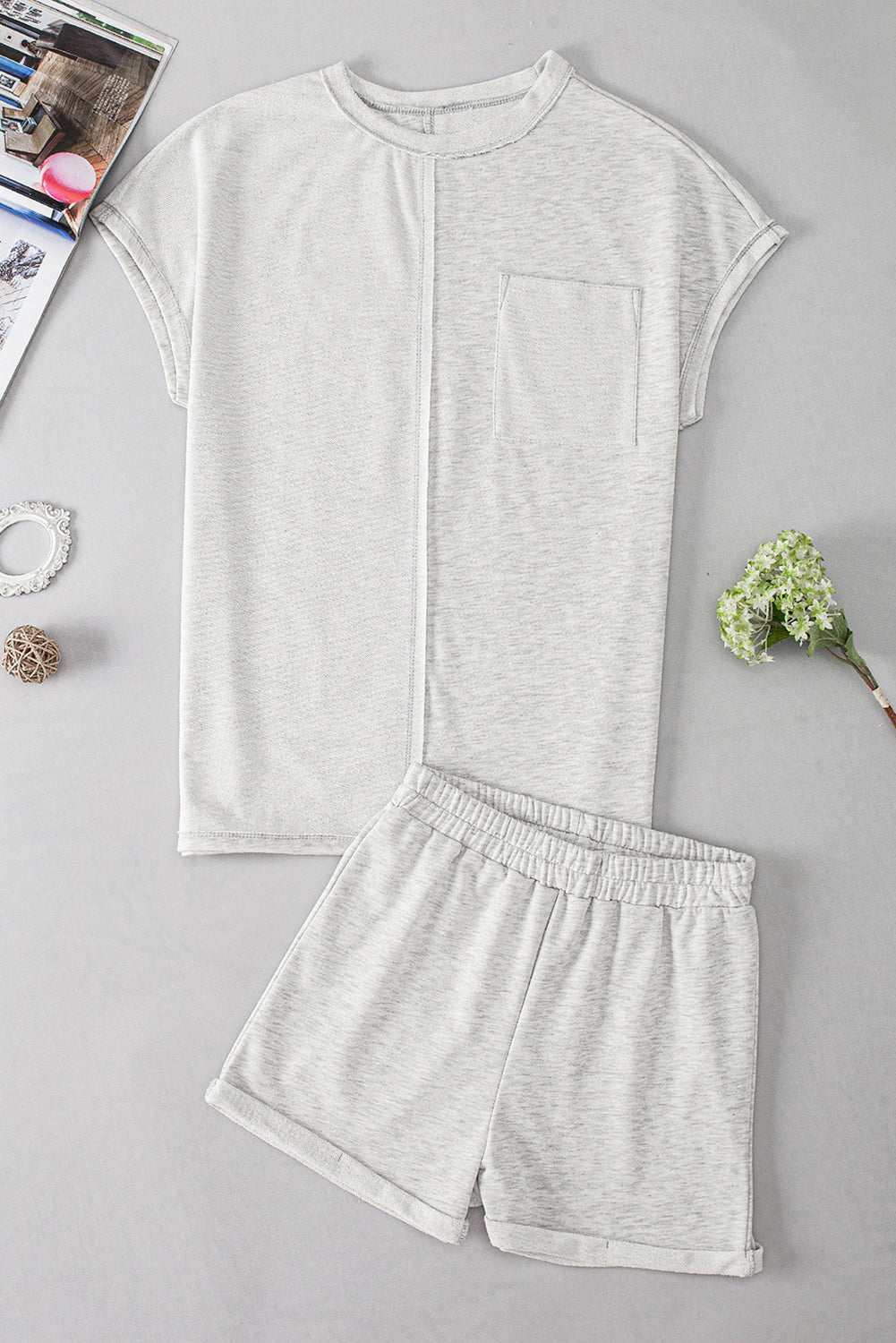Khaki Colorblock Chest Pocket Exposed Seam Tee and Shorts Set - SELFTRITSS