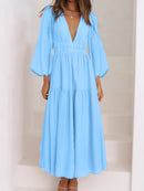 Deep V-Neck Balloon Sleeve Plain Maxi Dress - SELFTRITSS   