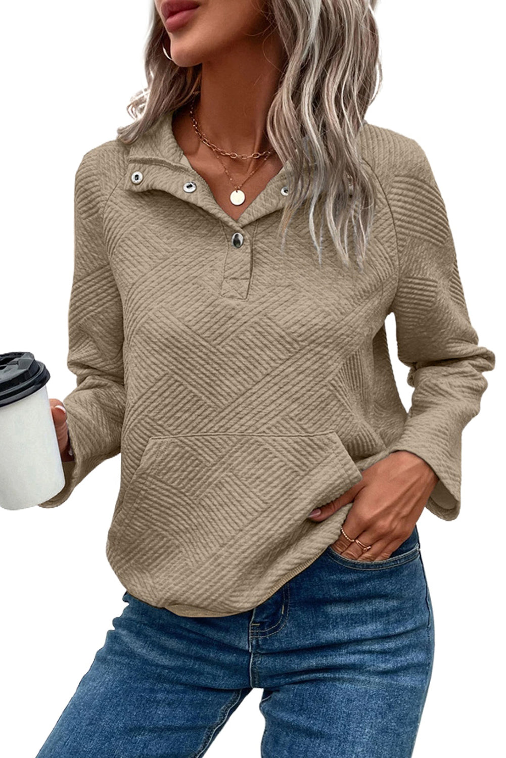 Pale Khaki Textured Knit Buttoned Kangaroo Pocket Sweatshirt - SELFTRITSS