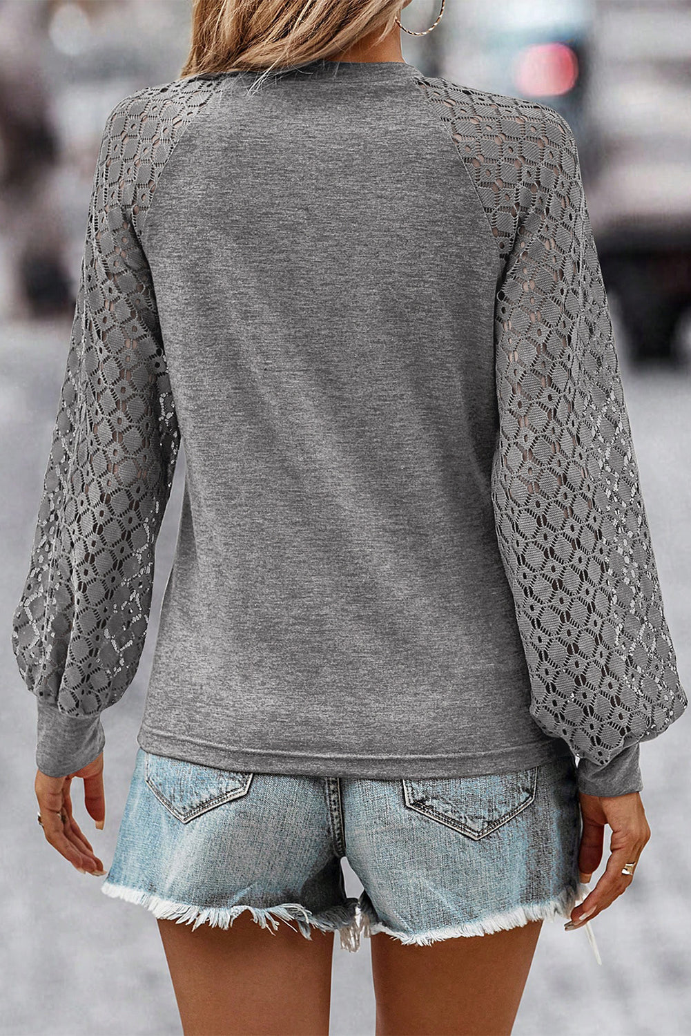 Gray Contrast Lace Raglan Sleeve Plicated Knit Top - SELFTRITSS
