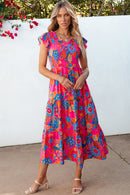 Rose Red Boho Floral V Neck Ruffle Tiered Long Dress - SELFTRITSS