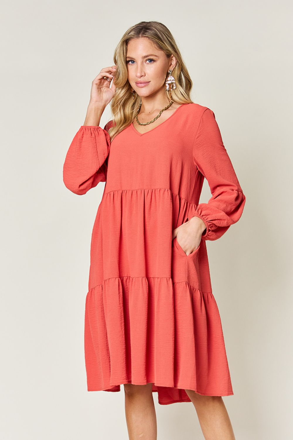 Double Take Full Size V-Neck Balloon Sleeve Tiered Dress - SELFTRITSS   