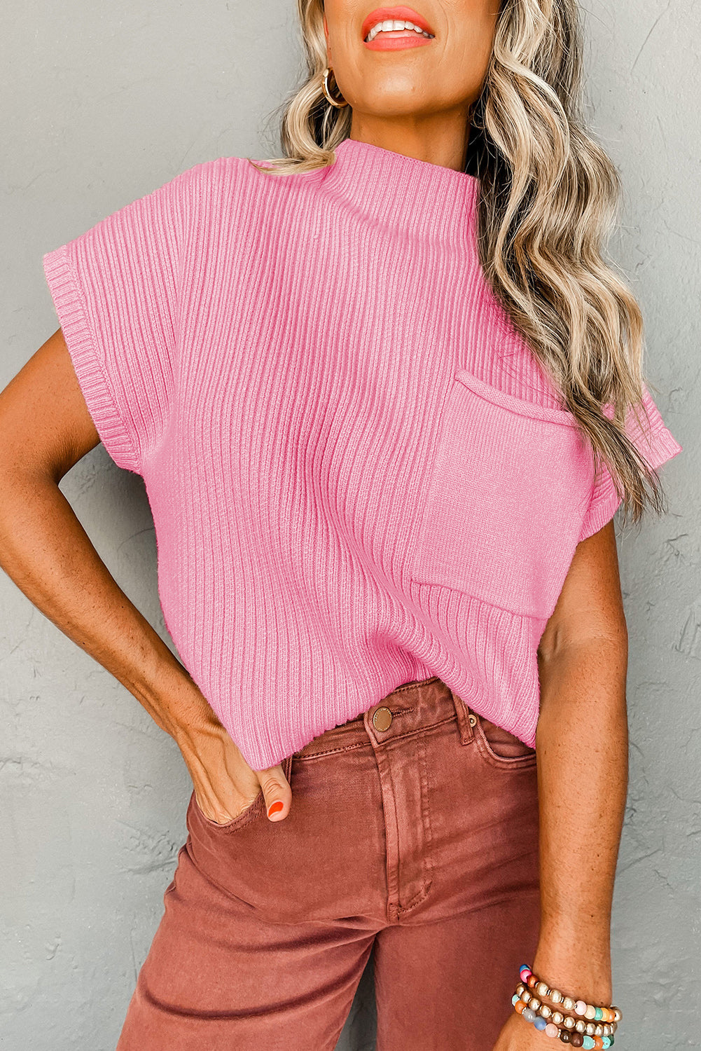 Pink Patch Pocket Ribbed Knit Short Sleeve Sweater - SELFTRITSS   