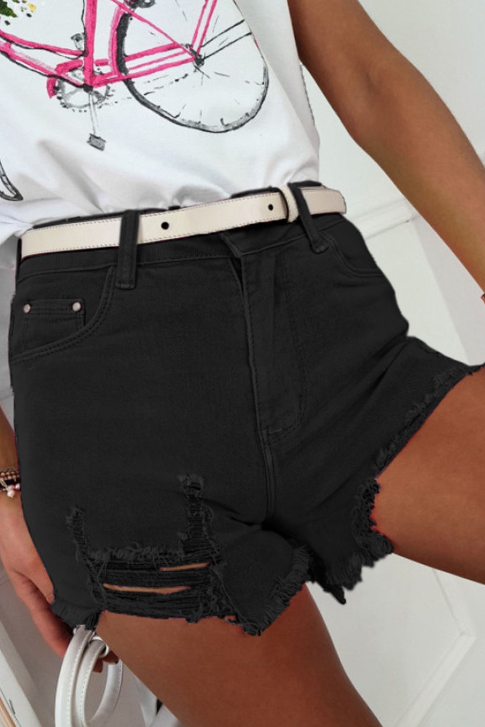 Black Solid Color Distressed Denim Shorts - SELFTRITSS