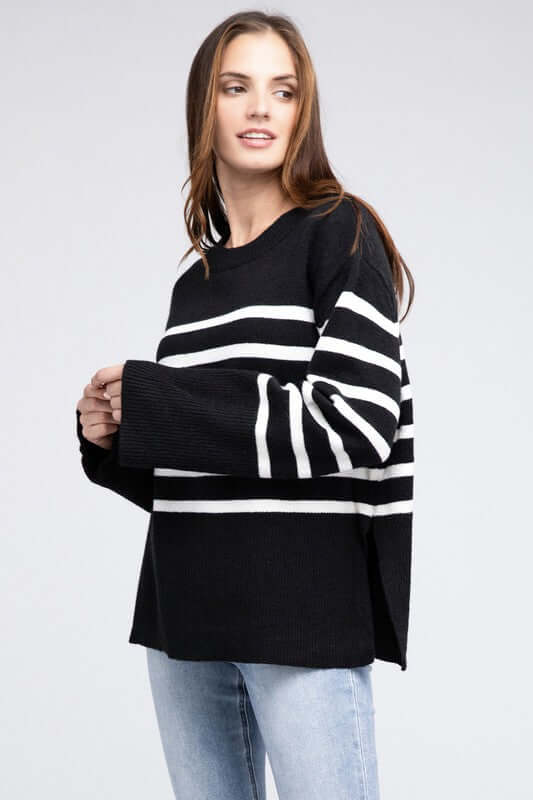 Tangarine Ribbed Hem Stripe Sweater