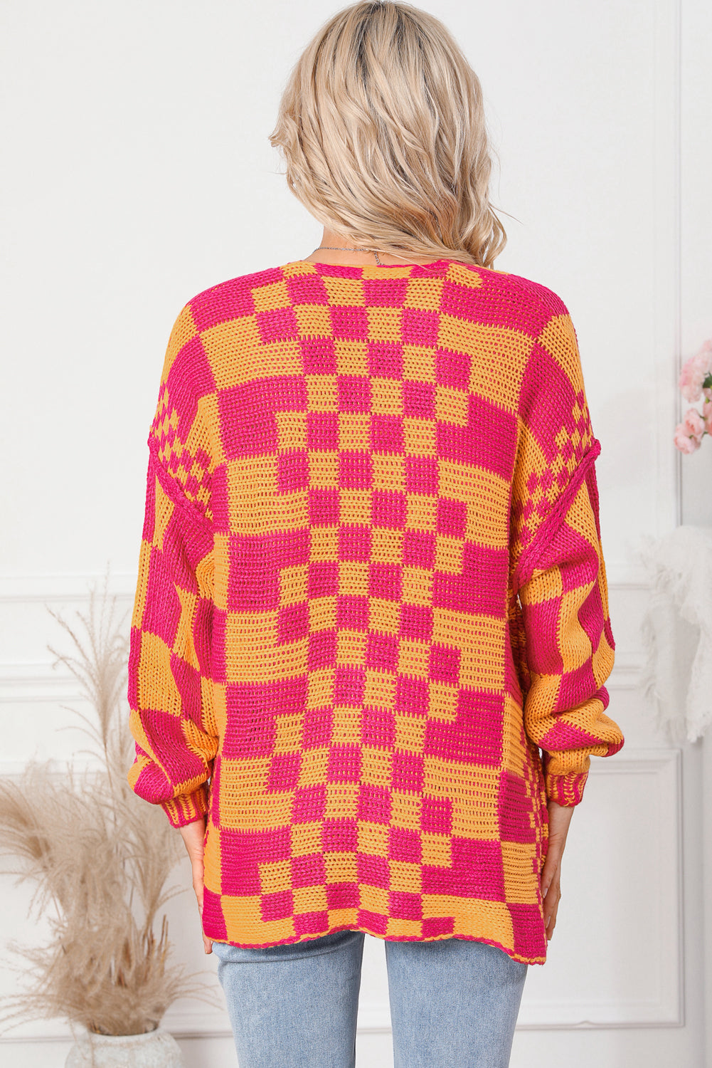 Multicolor Open Front Mixed Checkered Pattern Knit Cardigan - SELFTRITSS