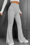 Gray Solid Color High Waist Ribbed Flare Pants - SELFTRITSS   