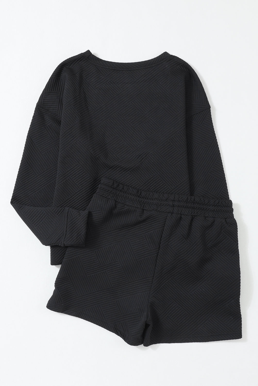 Black Textured Long Sleeve Top and Drawstring Shorts Set - SELFTRITSS