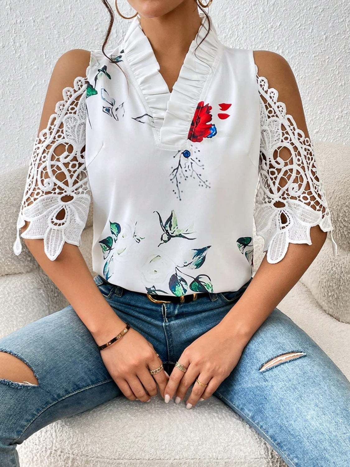 Full Size Lace Printed Half Sleeve Blouse - SELFTRITSS