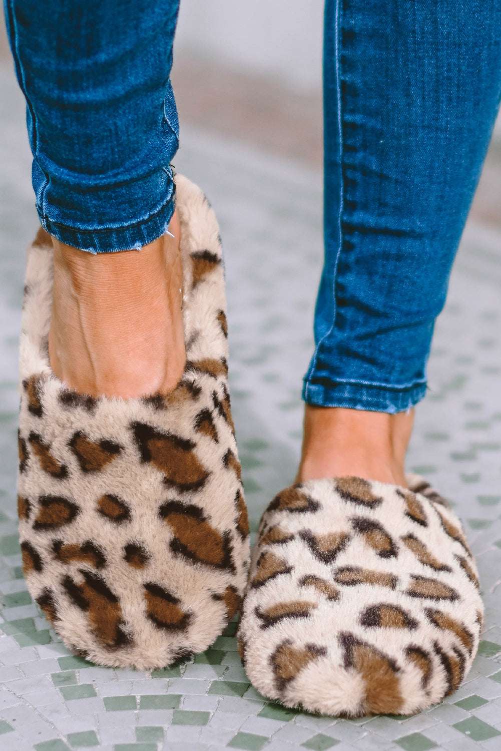 Camel Leopard Print Fuzzy Home Slippers - SELFTRITSS