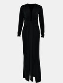 Ruched Slit Plunge Long Sleeve Dress - SELFTRITSS   