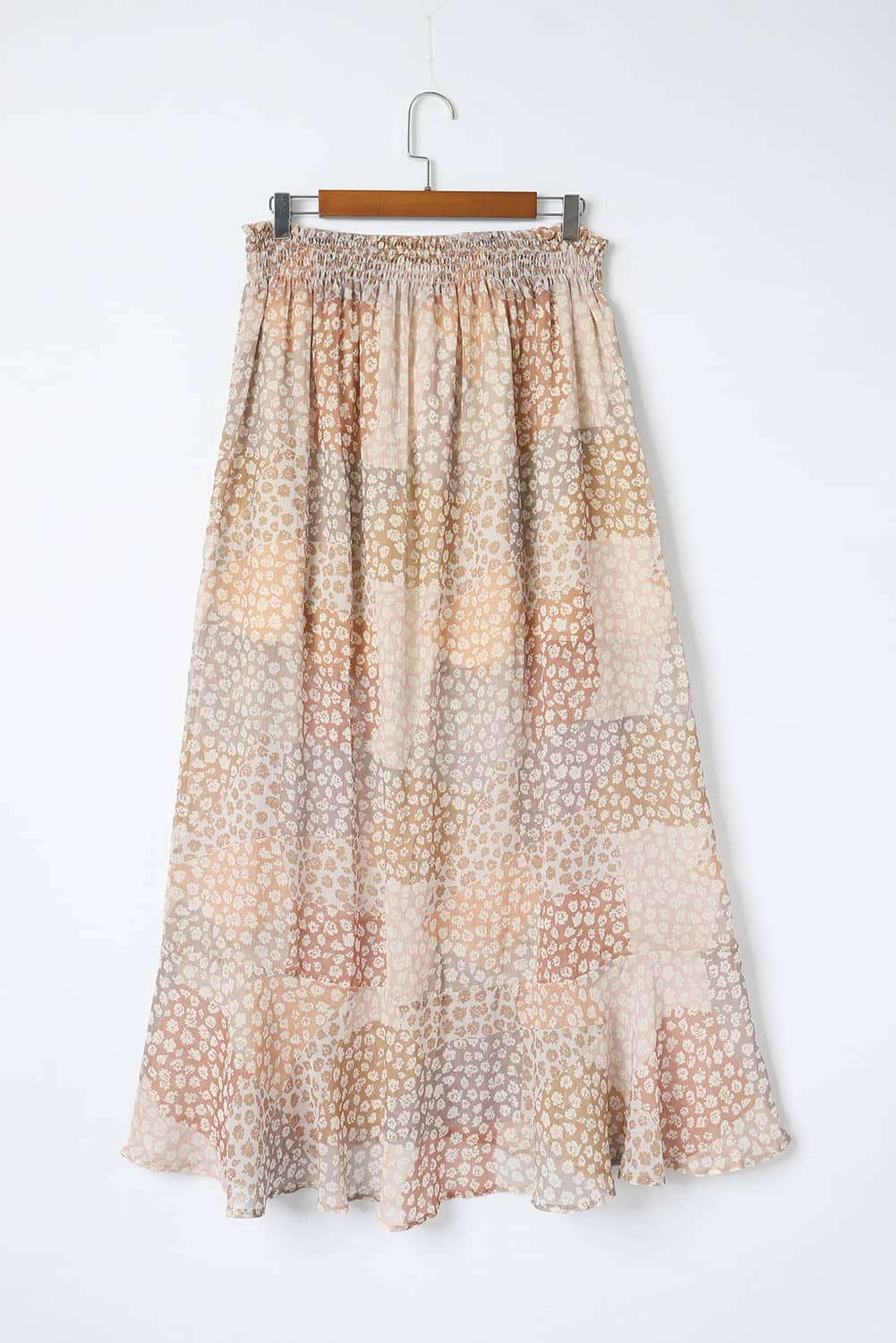 Apricot Boho Flower Print Smocked Waist Button Slit Maxi Skirt - SELFTRITSS