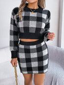Plaid Round Neck Top and Skirt Sweater Set - SELFTRITSS