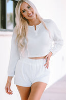 White Waffle Knit Buttoned Long Sleeve Crop and Shorts Lounge Set - SELFTRITSS