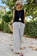 White Drawstring Striped Wide Leg Pants - SELFTRITSS   