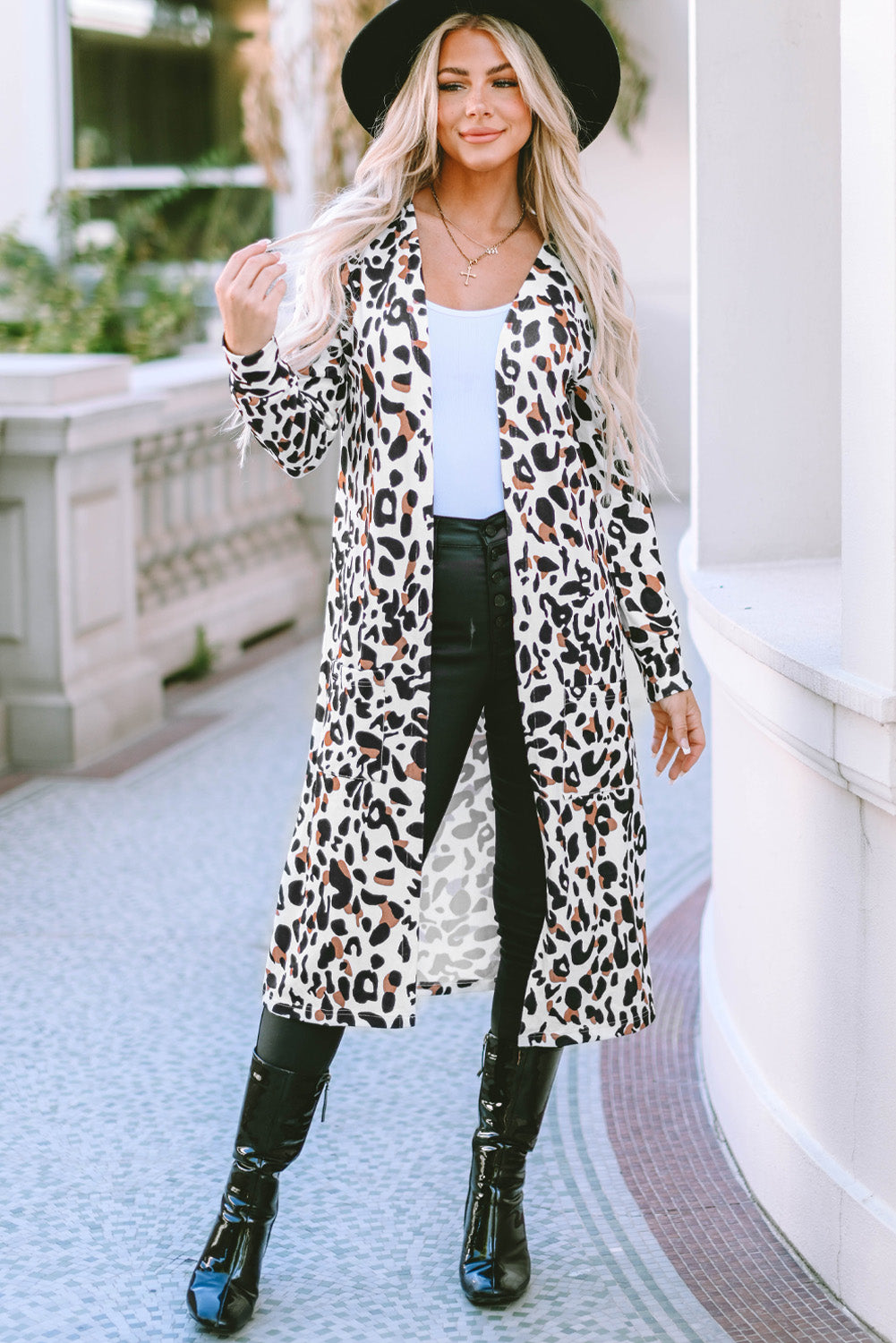 Leopard Pocketed Open Front Duster Cardigan - SELFTRITSS   