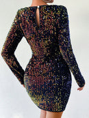 Sequin Round Neck Long Sleeve Mini Dress - SELFTRITSS