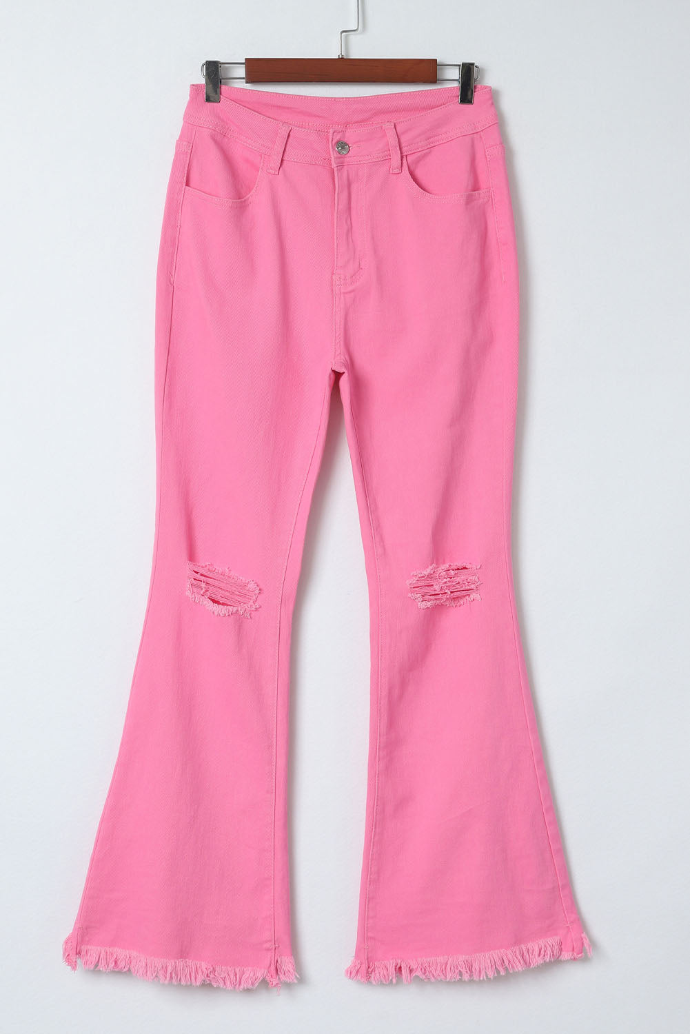 Pink Vintage High Waist Flare Leg Ripped Raw Hem Jeans - SELFTRITSS