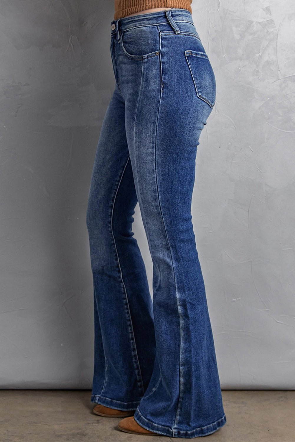 Dark Blue Plus Size Stitching Washed Flare Jeans - SELFTRITSS