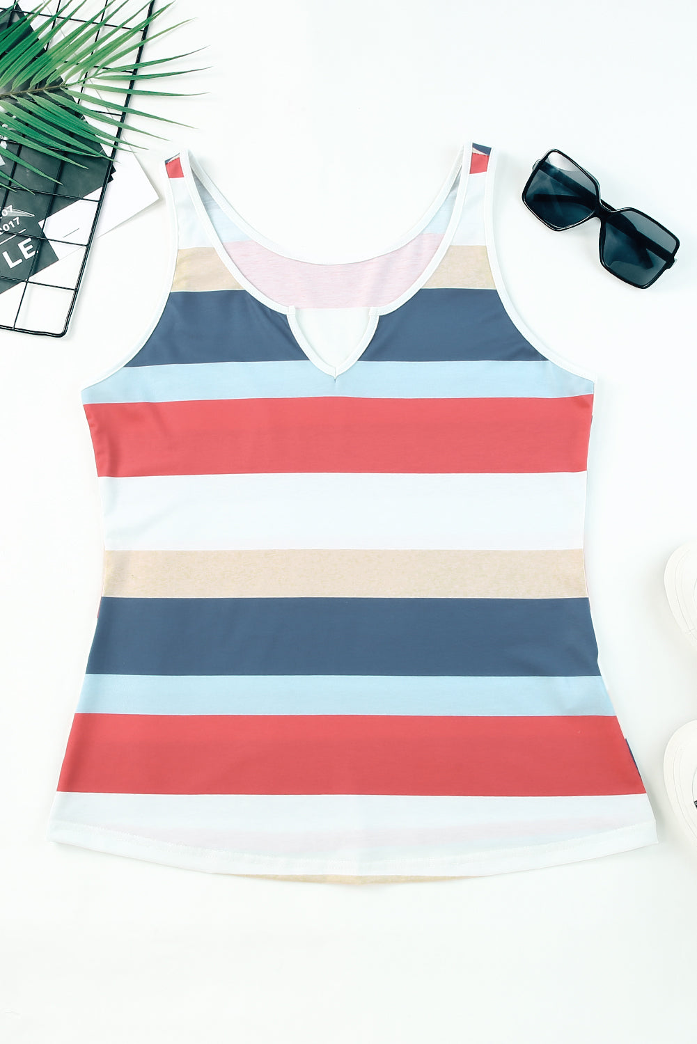 Multicolor Striped Color Block Notched Neck Tank Top - SELFTRITSS   