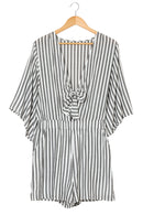 Gray 3/4 Wide Kimono Sleeves Tie Front Striped Romper with Pockets - SELFTRITSS   