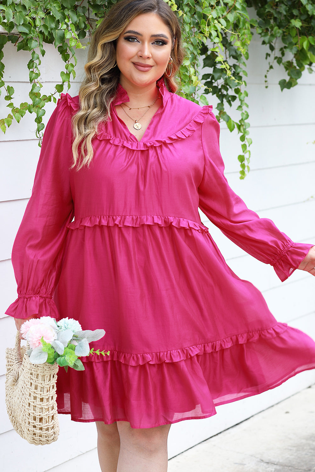 Rose Plus Size Ruffled Bubble Sleeve Dress - SELFTRITSS