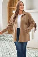 Khaki Fringe Trim Plus Size Suede Shacket - SELFTRITSS