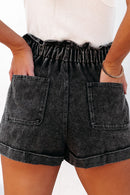 Black Vintage Washed Frilled High Waist Denim Shorts - SELFTRITSS