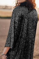 Black Sequin 3/4 Sleeve Open Front Duster Kimono - SELFTRITSS