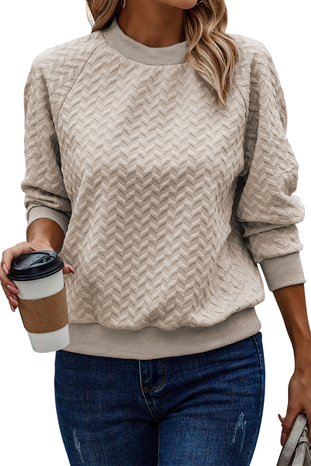 Beige Solid Textured Raglan Sleeve Pullover Sweatshirt - SELFTRITSS   