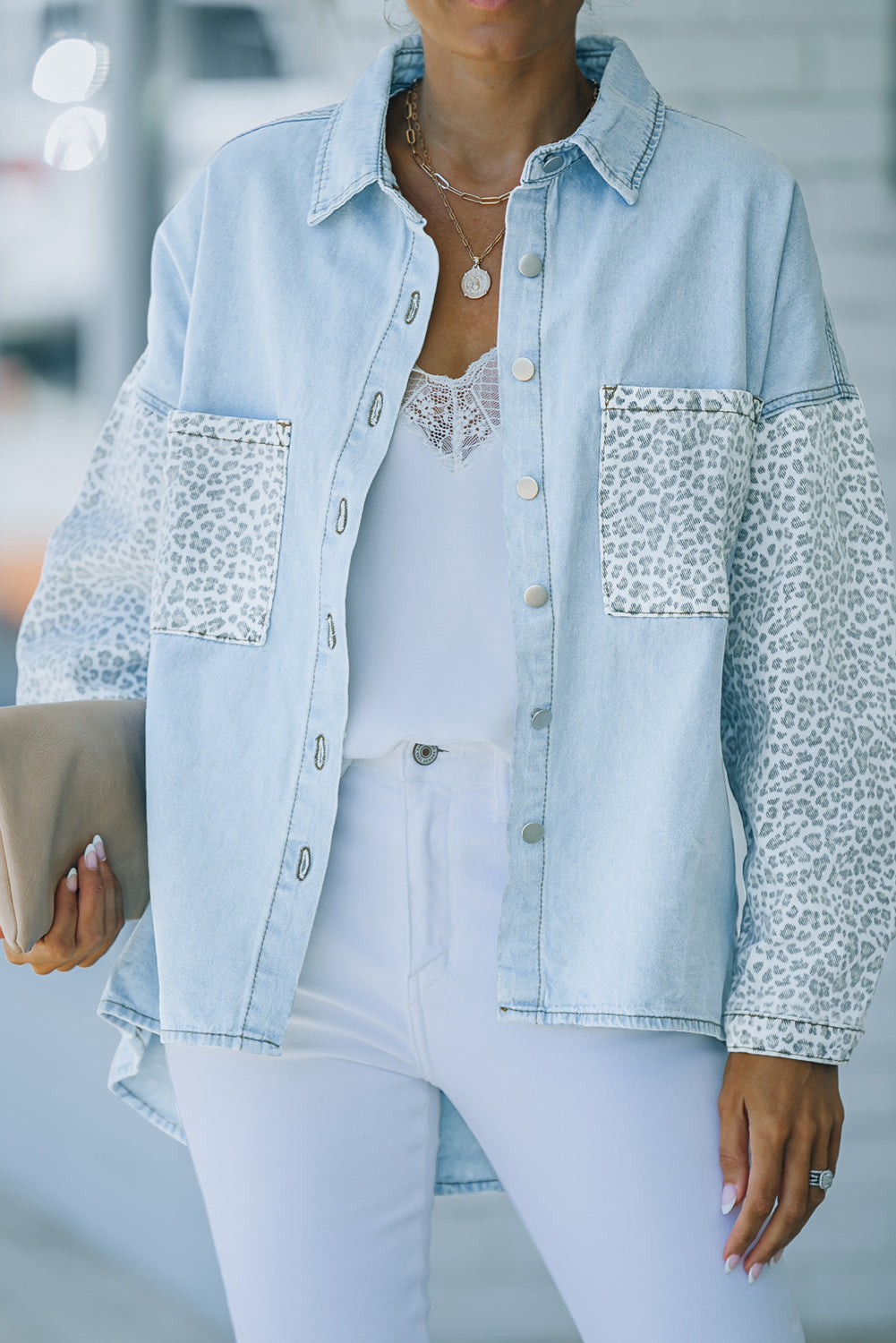 Sky Blue Contrast Leopard Denim Jacket - SELFTRITSS   