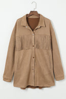 Khaki Fringe Trim Plus Size Suede Shacket - SELFTRITSS