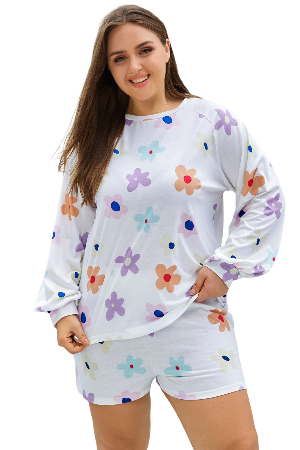 White Plus Size Flower Print Raglan Pullover and Shorts Outfit - SELFTRITSS