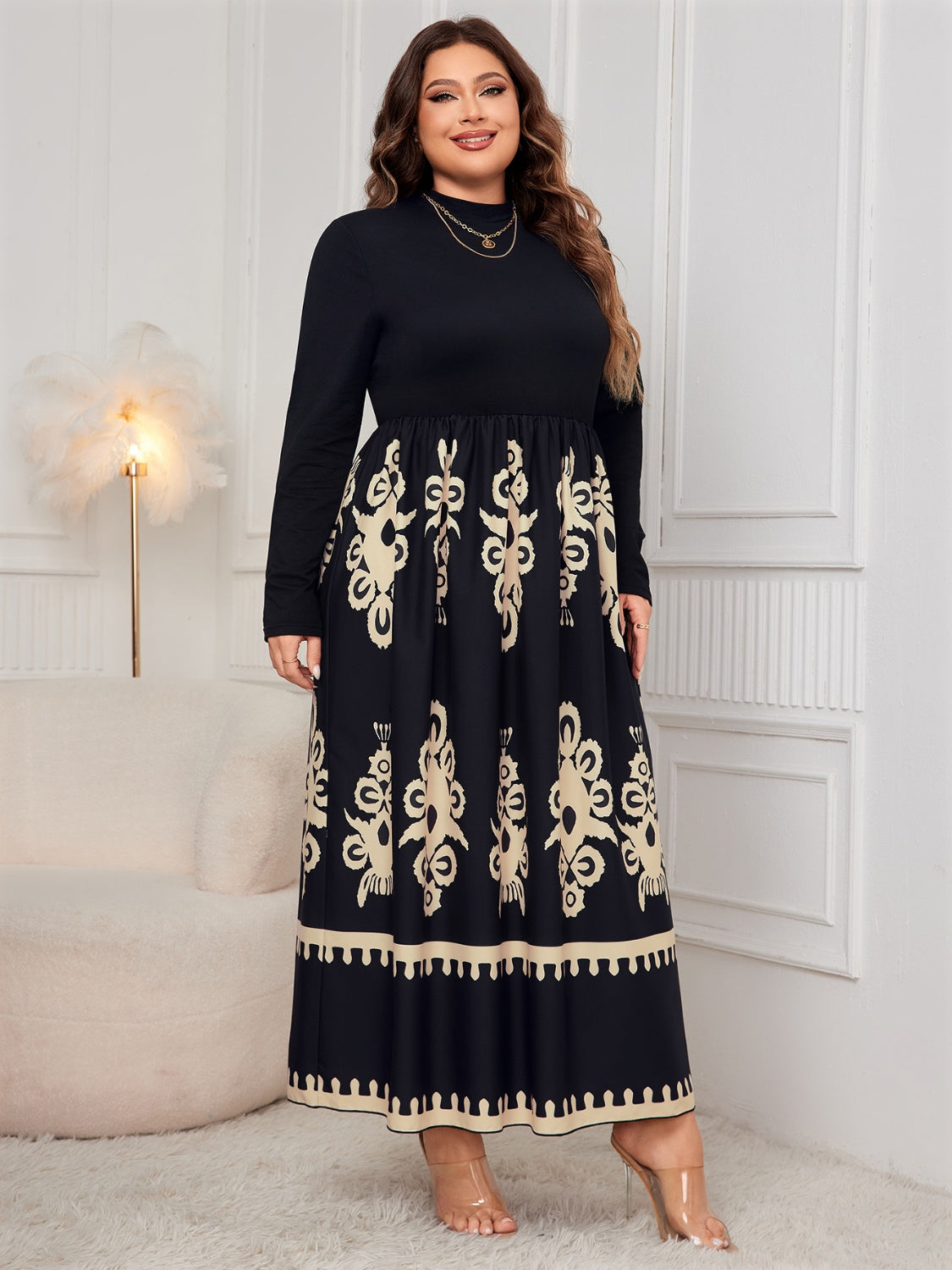 Plus Size Printed Mock Neck Long Sleeve Dress - SELFTRITSS   