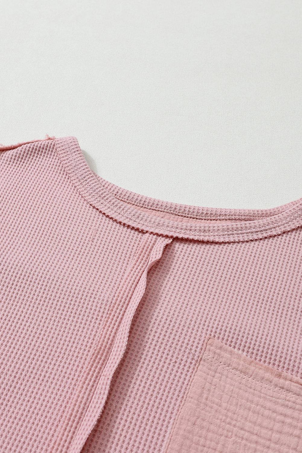 Pink Exposed Seam Patchwork Bubble Sleeve Waffle Knit Top - SELFTRITSS   